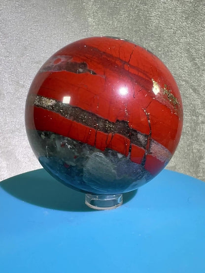African Bloodstone Sphere From Swaziland. 63mm. Gorgeous Pyrite And Red Jasper Inclusions With Crazy Mosaic Patterns And Colors.