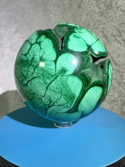 Malachite Crystal Sphere. 78mm. Incredible Large Druzy Malachite. Very High Quality Rare Display Sphere. Show Stopper!