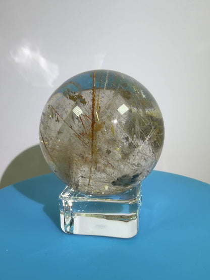 Rutile And Tourmaline Quartz Sphere. 43mm. Incredible Rainbows, With Phantoms And Spots Of Lodolite. Very Rare Display Sphere