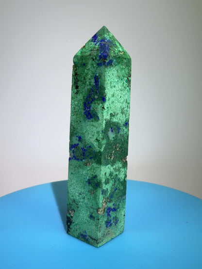 Azurite, Chrysocolla, And Malachite Druzy Tower. Rare And Beautiful Crystal Point.