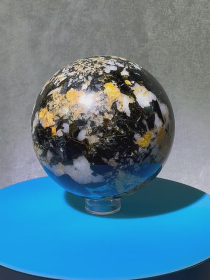 Yellow Tourmaline And Black Mica Sphere. 62mm. Rare New Discovery. Stunning And Flashy Display Sphere.