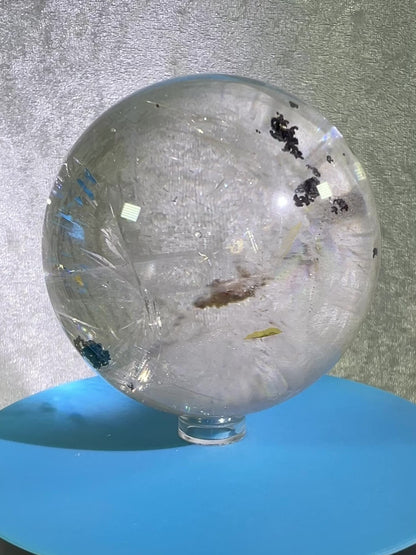 Rutile Quartz Sphere. 75mm. Large High Quality Display Sphere. Gorgeous Garden Quartz, Big Rainbows, And Golden Rutile Inclusions.