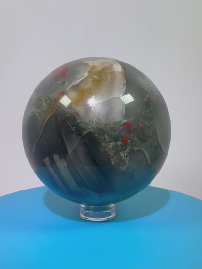 African Bloodstone Sphere From Swaziland. 66mm. Gorgeous Pyrite And Red Jasper Inclusions With Crazy Mosaic Patterns And Colors.
