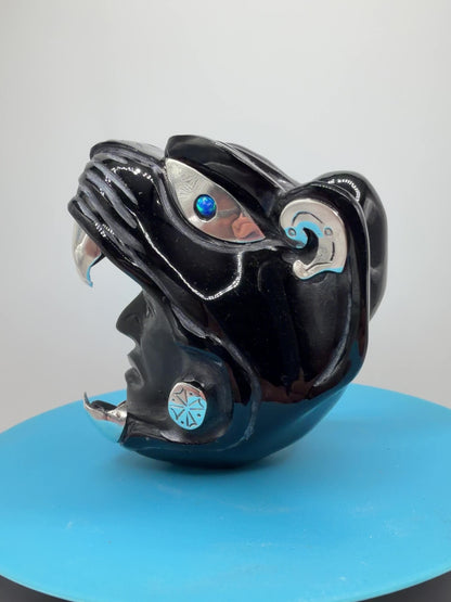Carved Jaguar Warrior Head. Gorgeous Hand Carved Obsidian Aztec Art. One Of A Kind Obsidian, Silver, And Opal Collectors Item.