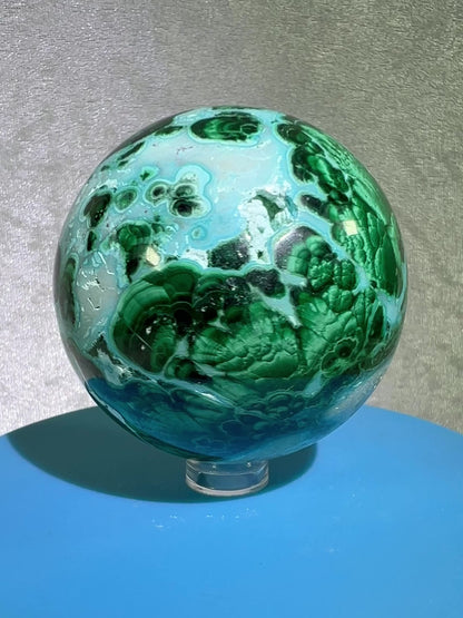 Malachite And Druzy Chrysocolla Sphere. 65mm. Gorgeous Rare Collectors Piece. Amazing Patterns With Vibrant Colors.