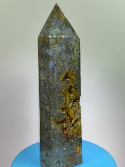 Pyrite And Chalcedony Druzy Tower. 6.75 Inches. Beautiful Display Tower With Stunning Druzy