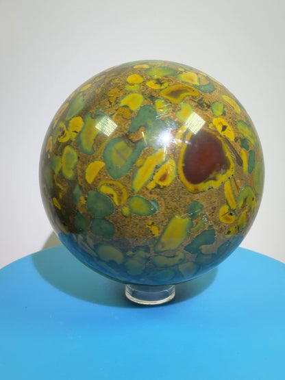 Fruit Jasper Sphere: 68mm Gorgeous Ajooba Jasper Sphere From India. High Quality Colorful Crystal
