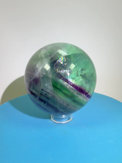 Green And Purple Fluorite Sphere. High Quality Display Sphere With Stunning Rainbows.