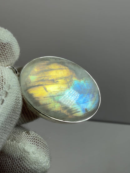 Rainbow Moonstone Crystal Pendant. Beautiful S925 Silver Crystal Jewelry. Amazing Colors With Great Flash!