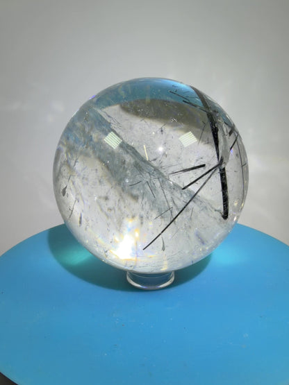 Black Tourmaline Quartz Sphere. 60mm. Massive Rare Rainbows. Gorgeous Black Rutile Sphere. Tourmalinated Quartz Display Crystal