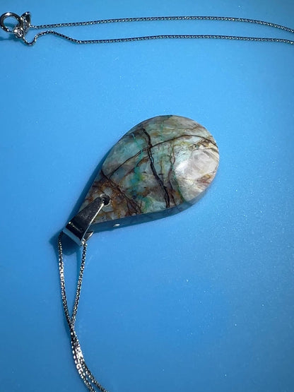 Chrysocolla Fresco Pendant. Limited And Stunning Fresco Patterns. Gorgeous High Quality Crystal. S925 Silver Necklace Included