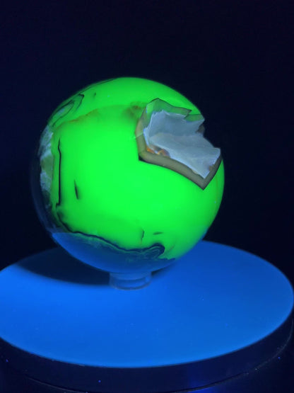 Volcano Agate Sphere. 71mm. Gorgeous Blue Druzy. Intense Green UV Reactive Sphere. Awesome Color Contrast.
