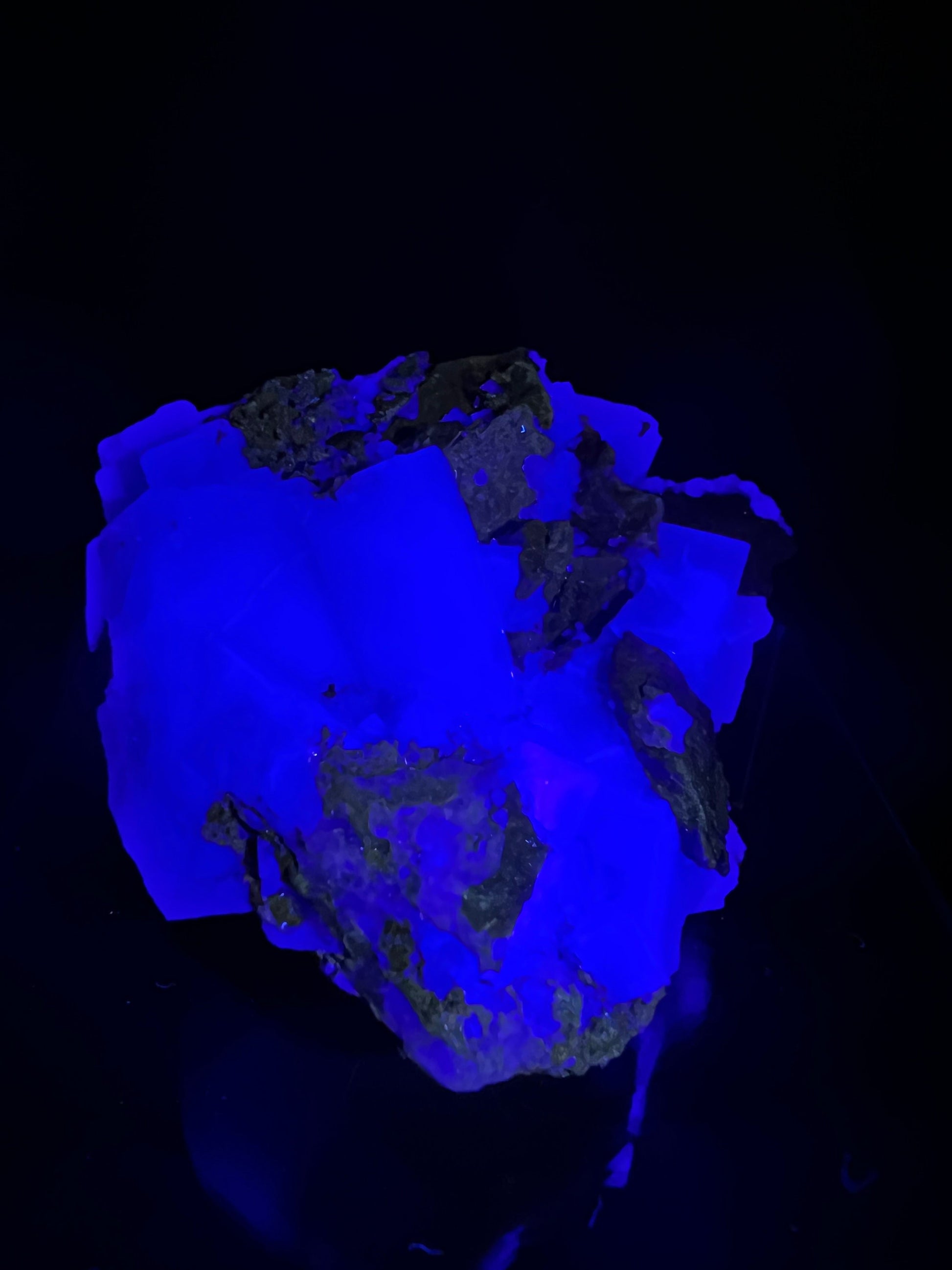 Blue Green Fluorite Cubes On Matrix. Great UV Reaction. Nice Crystal Specimen