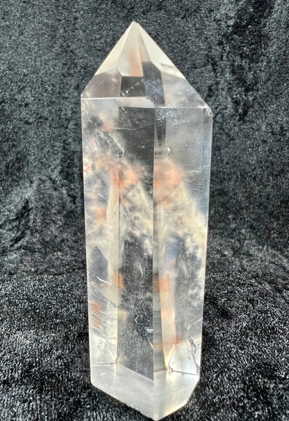 Clear Quartz Tower With Pink Rabbit Hair Inclusions. One Of A Kind Crystal Tower
