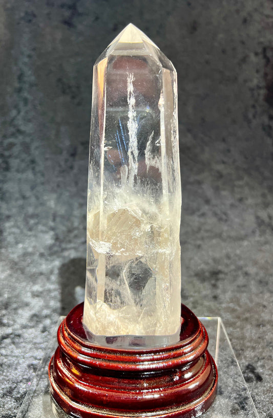 Amazing Clear Quartz Tower With Crystal In Crystal And Blue Needle Inclusions. Custom Made Stand For A Beautiful Display Piece.