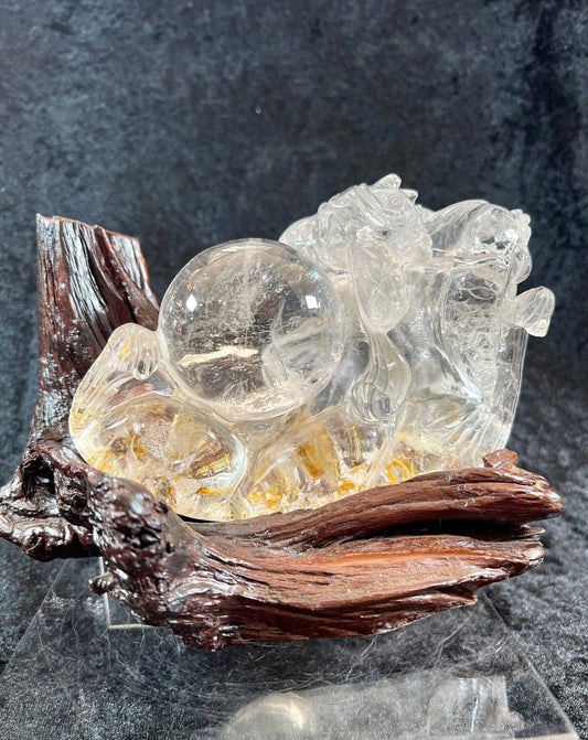 Large Clear Quartz Dragon Carving. Stunning Crystal Carving With Custom Driftwood Stand.