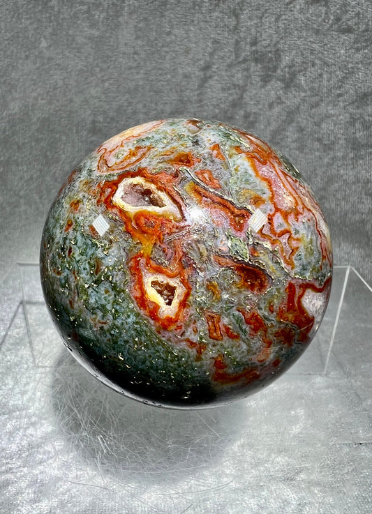 Beautiful Red And Green Moss Agate Sphere. 66mm. Stunning Druzy And Rare Colors.