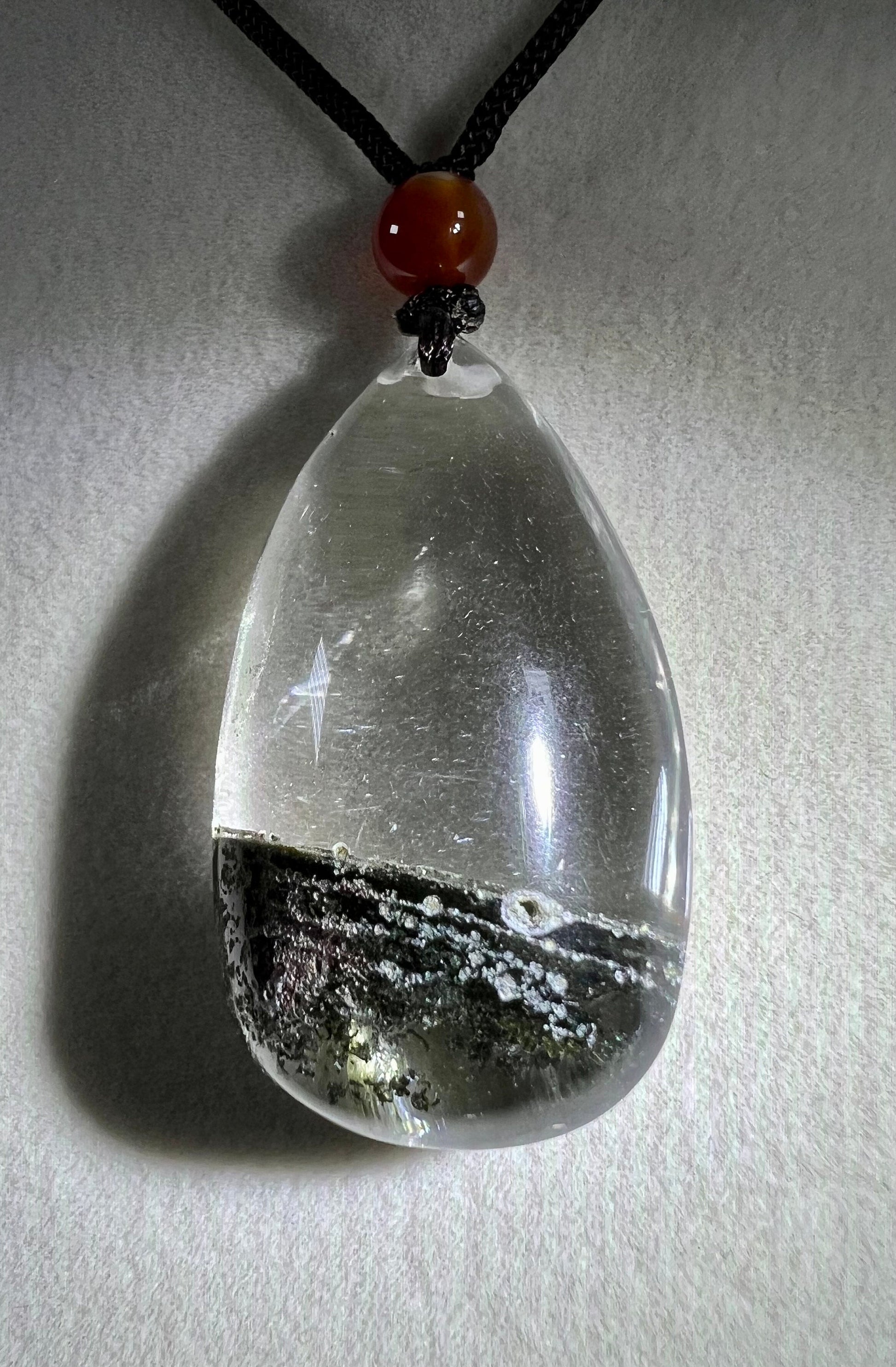 Beautiful Thousand Layer Garden Quartz Pendant. Stunning Teardrop Crystal Necklace With Cool Layers.