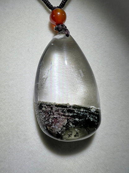 Beautiful Thousand Layer Garden Quartz Pendant. Stunning Teardrop Crystal Necklace With Cool Layers.
