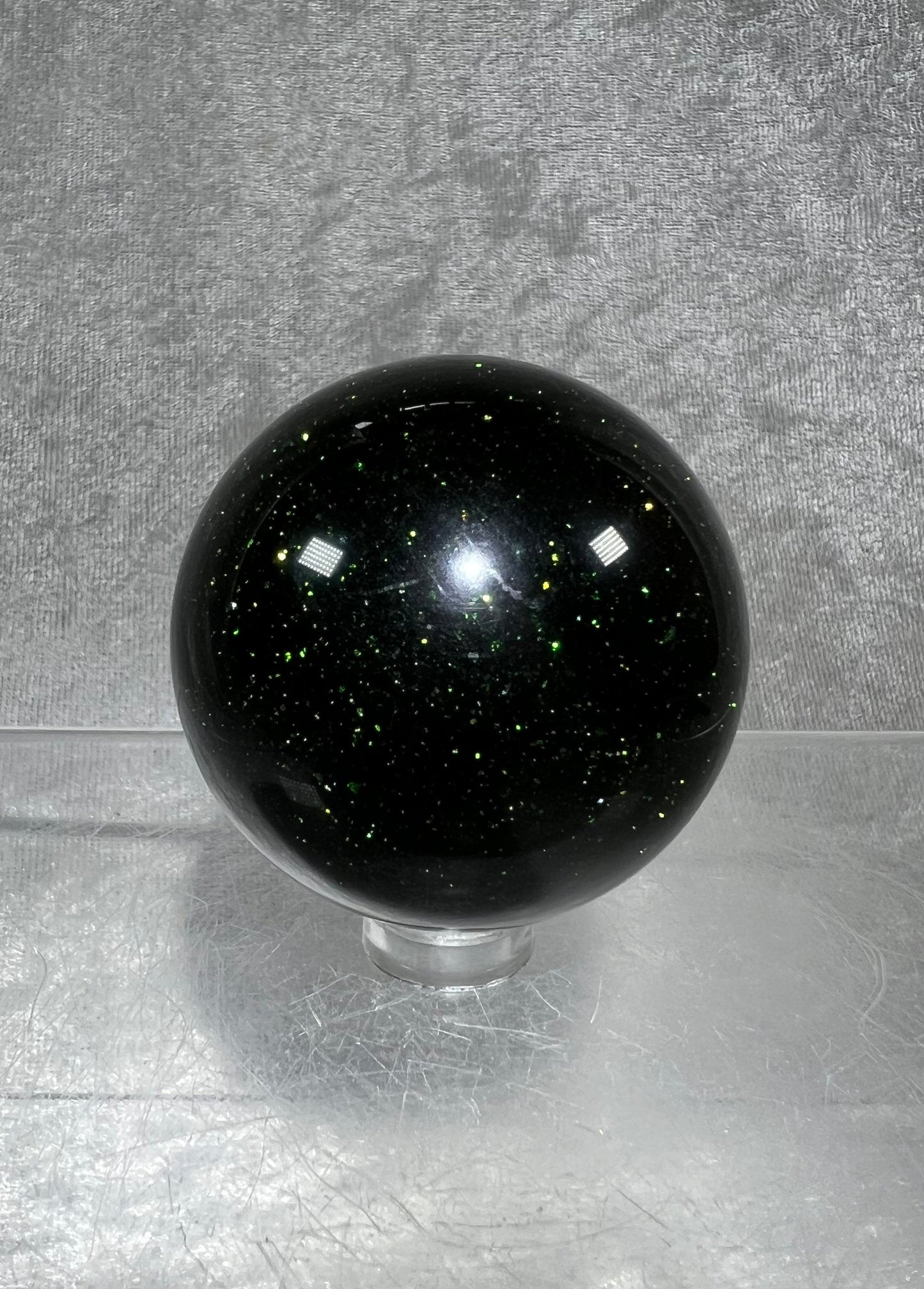 Amazing Dark Green Sandstone Sphere. Tons Of Flash! Very Fun Goldstone Sphere
