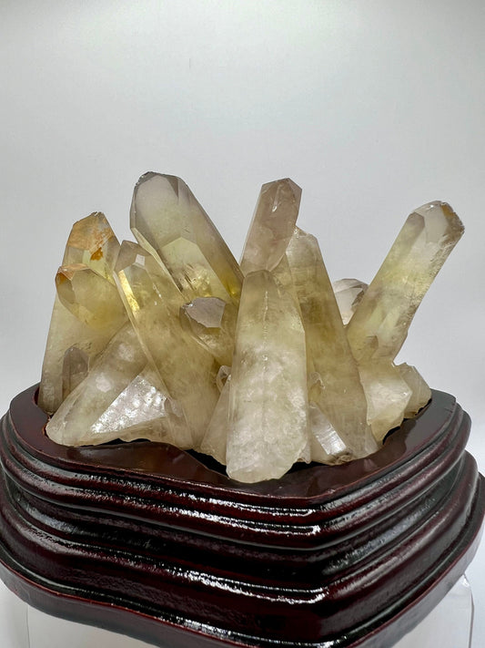 All Natural Citrine Cluster From Madagascar. 1.7 lbs. Custom Handmade Wooden Holder. Beautiful Crystal Specimen Display Piece.