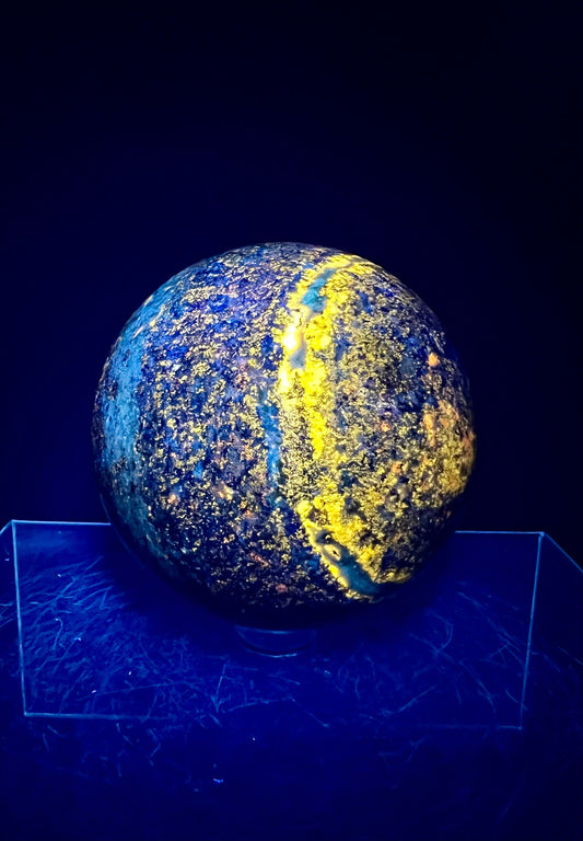 Beautiful Lapis Lazuli Sphere. 70mm. Incredible UV Reaction. Very Nice Quality Crystal Sphere.