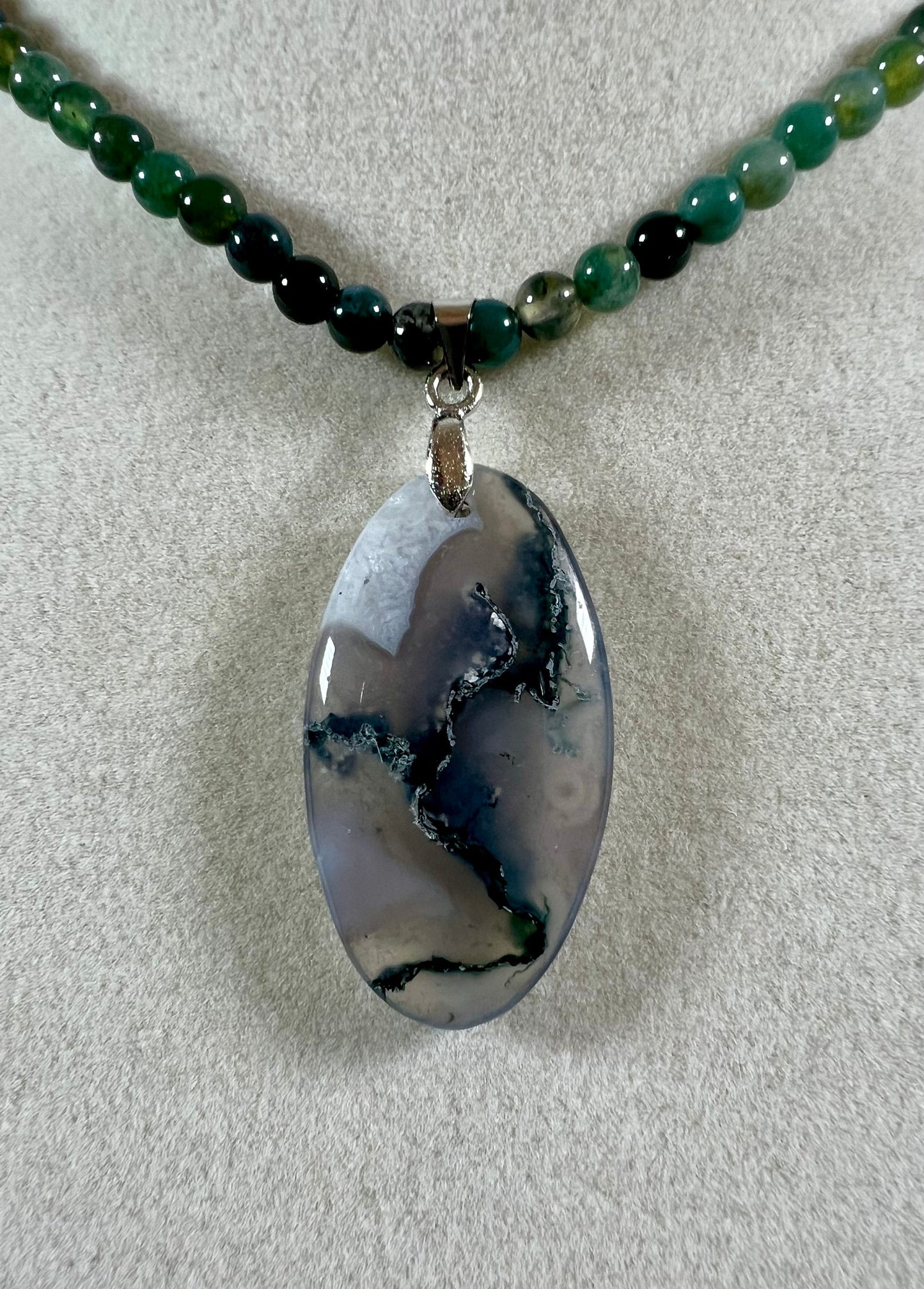 High Quality Moss Agate Pendant. Custom Made Moss Agate Beaded Necklace. Beautiful Crystal Necklace